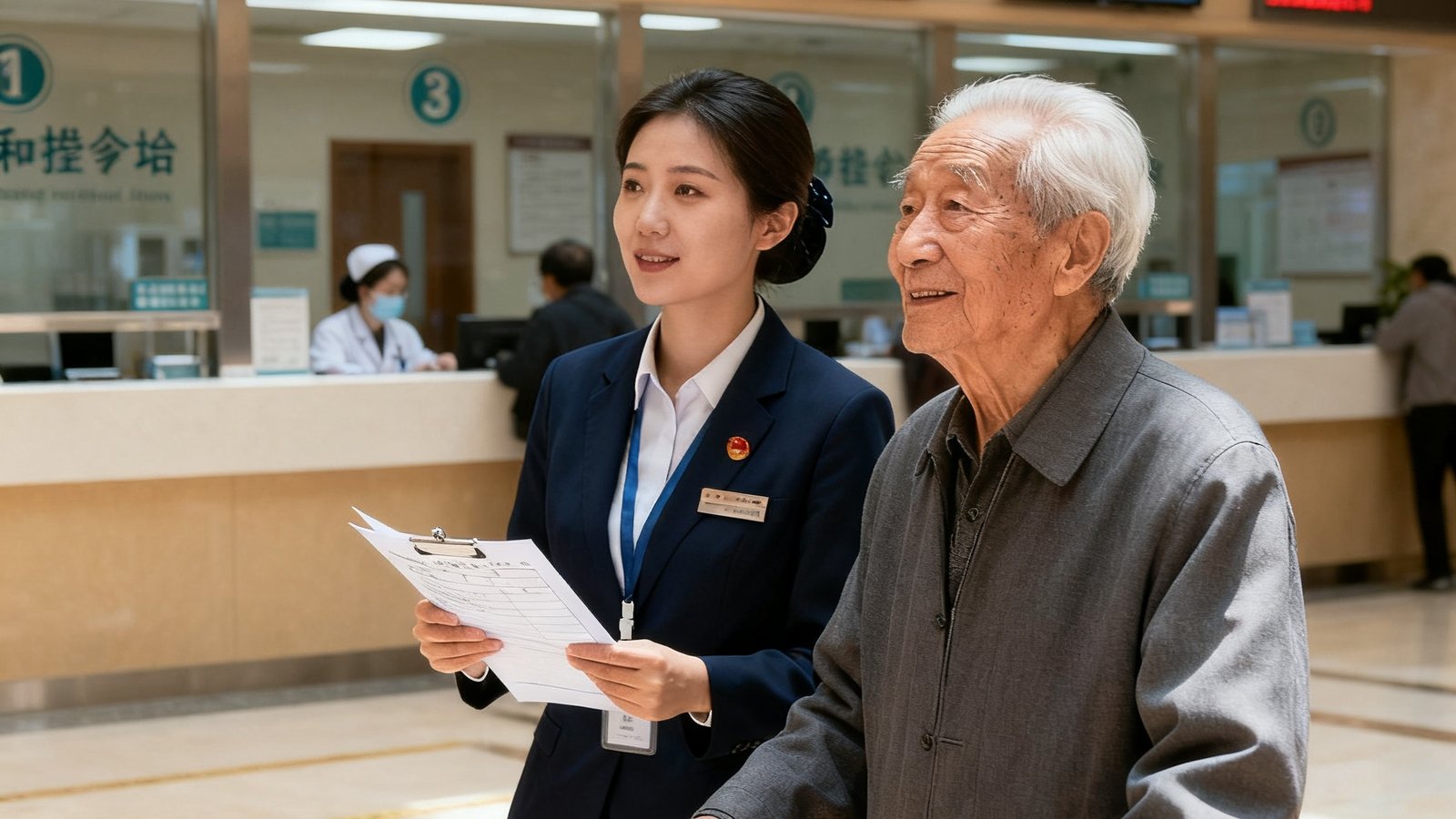 美狮贵宾会专业陪诊人员陪同老年贵宾在北京协和医院门诊大厅办理挂号手续，陪诊员手持病历资料，老人神情安心从容